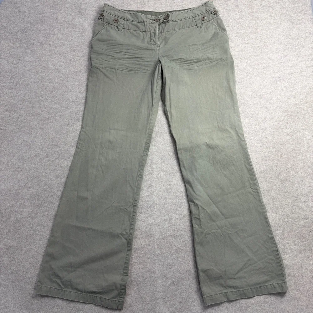 Sitwell Olive Green Low Rise Wide Leg Cotton Trousers Button Waist Size 12